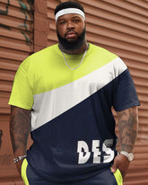 Men's large size color-blocked patchwork T-shirt & shorts two-piece set